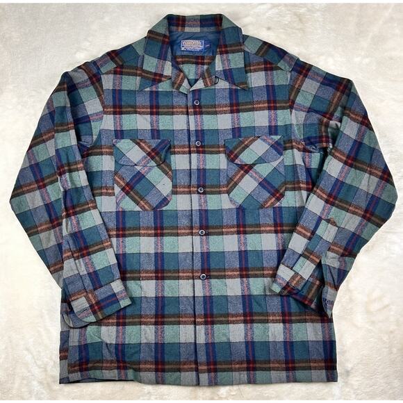 VTG Pendleton Board Shirt Shadow Plaid Flap Pocket Loop Collar USA 100% Wool LT